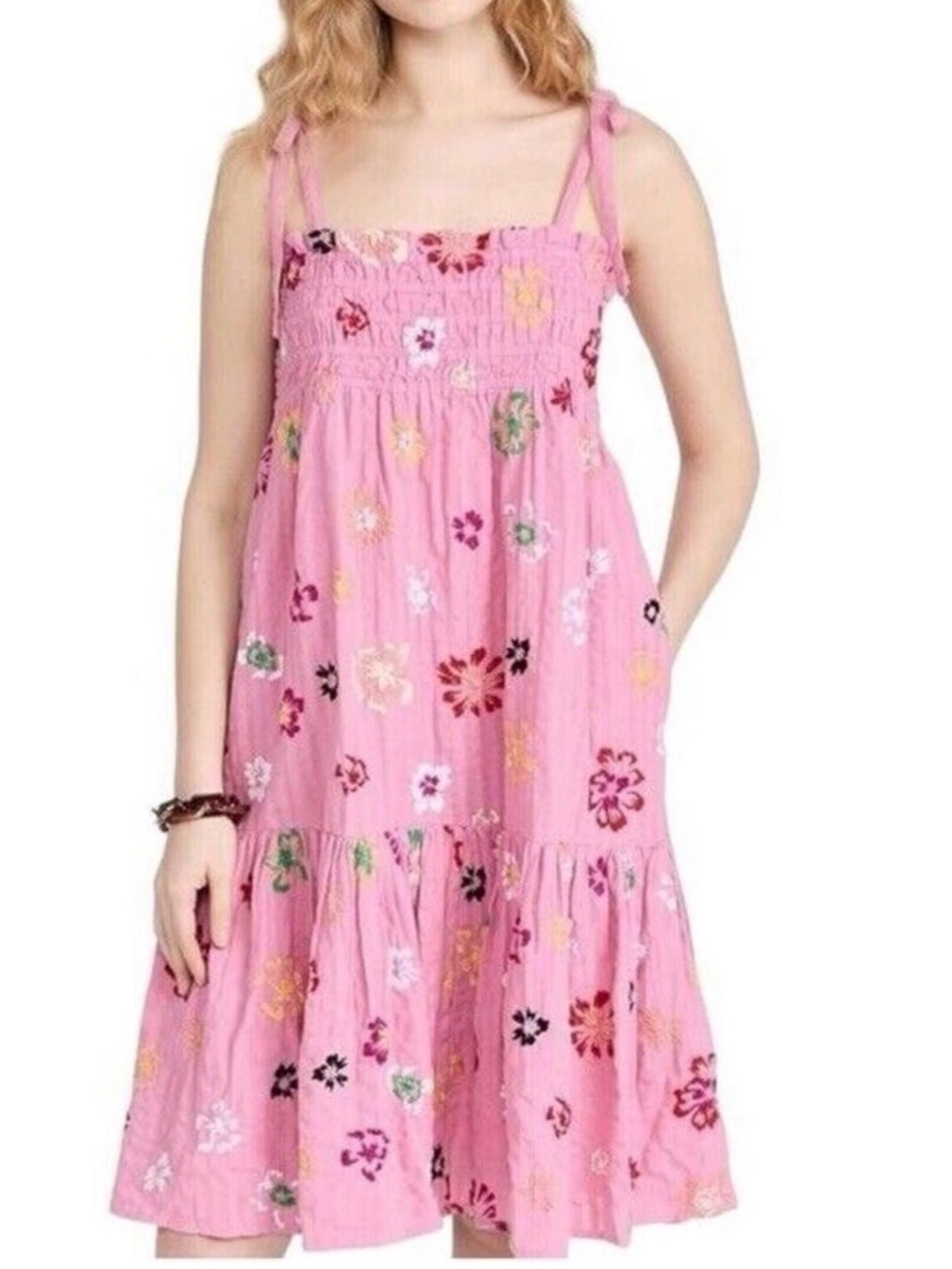 Tanya Taylor Swim - Pink Floral Smocked Sundress with Embroidery